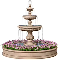 Outdoor Fountain Structure Multi Tiered Design With Water Flowing And Pink Flowers Around Base