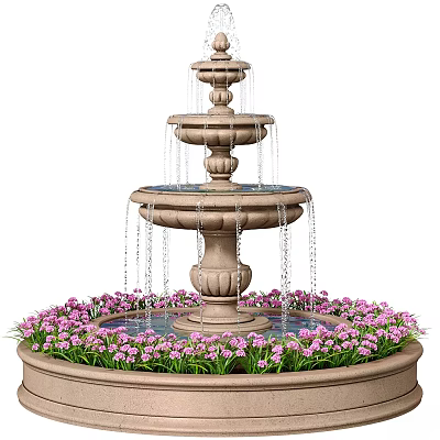 Outdoor Fountain Structure Multi Tiered Design With Water Flowing And Pink Flowers Around Base 3d model