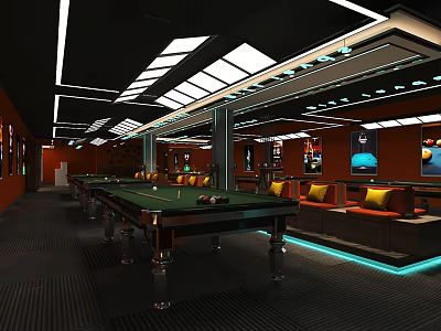 Modern Billiard Room Interior With Multiple Pool Tables And Comfortable Seating Area 3d model