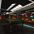 Modern Billiard Room Interior With Multiple Pool Tables And Comfortable Seating Area