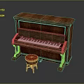 Classic Upright Piano With Red Stool And Carved Wooden Legs Design
