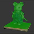 Cute Mouse Stuffed Doll Wearing Green Overalls And Plaid Shirt Standing On Wooden Base
