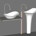 Modern Washbasin Design Countertop And Freestanding Pedestal With Silver Gold Faucets Against Gray Background