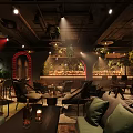 Dark Toned Bar Interior With Various Seating Green Plant Decor Soft Lighting And Wall Murals