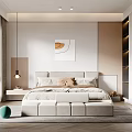Minimalist Modern Bedroom With Neutral Tones Upholstered Headboard Pendant Light And Abstract Painting
