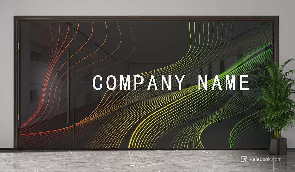 Modern Glass Partition With Colorful Curved Lines And Company Name Display Design 3d model 