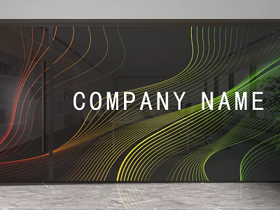 Modern Glass Partition With Colorful Curved Lines And Company Name Display Design 3d model