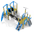 Outdoor Playground Equipment With Blue Yellow Slides Climbing Nets And Platforms