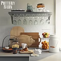Stylish Kitchenware Setup with Hanging Glass Rack Wooden Cutting Boards Fruit and Storage Jars