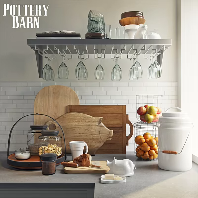 Stylish Kitchenware Setup with Hanging Glass Rack Wooden Cutting Boards Fruit and Storage Jars 3d model