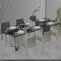 Modern Dining Table Set With Six Chairs Tableware Vase Plants And Blinds 3d model