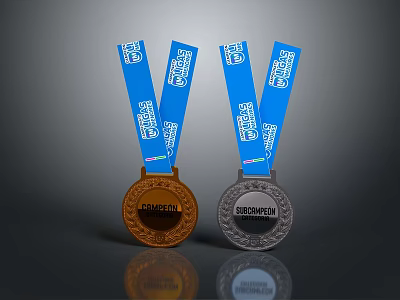 Artistic Detailed Bronze And Silver Medal Sculpture Carvings With Blue Ribbons 3d model