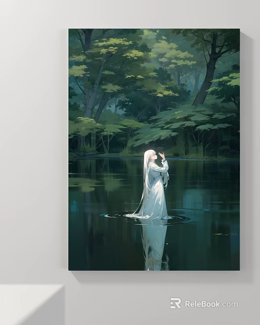 Enchanting Landscape Painting Featuring White Robed Figure in Lush Forest With Calm Water Reflection 3d model 