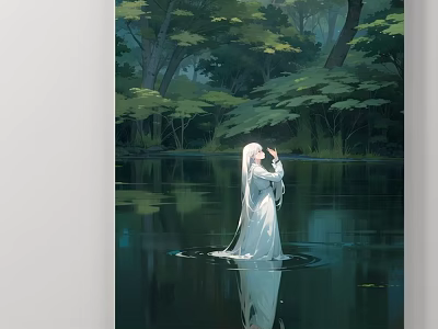Enchanting Landscape Painting Featuring White Robed Figure in Lush Forest With Calm Water Reflection 3d model