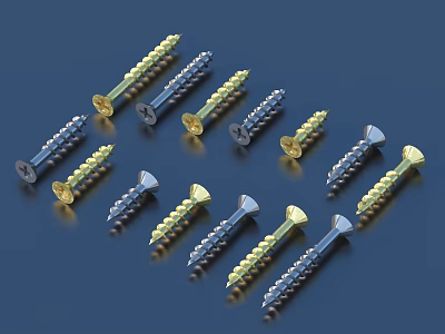 Assorted Metal Screws Featuring Gold Silver Colors and Diverse Heads 3d model