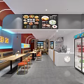 Modern Restaurant Interior With Menu Boards Food Display Cases Seating Area And Pendant Lights