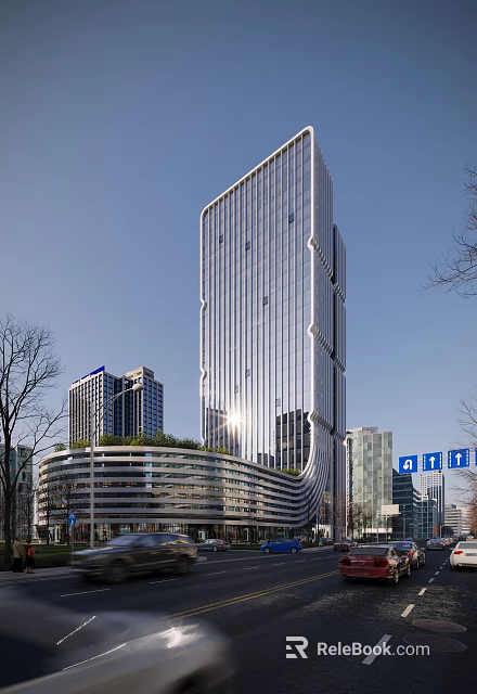 Modern High Rise Office Building With Glass Facade Curved Base And Urban Landscape 3d model 