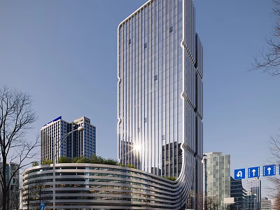 Modern High Rise Office Building With Glass Facade Curved Base And Urban Landscape 3d model