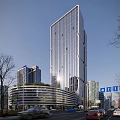 Modern High Rise Office Building With Glass Facade Curved Base And Urban Landscape