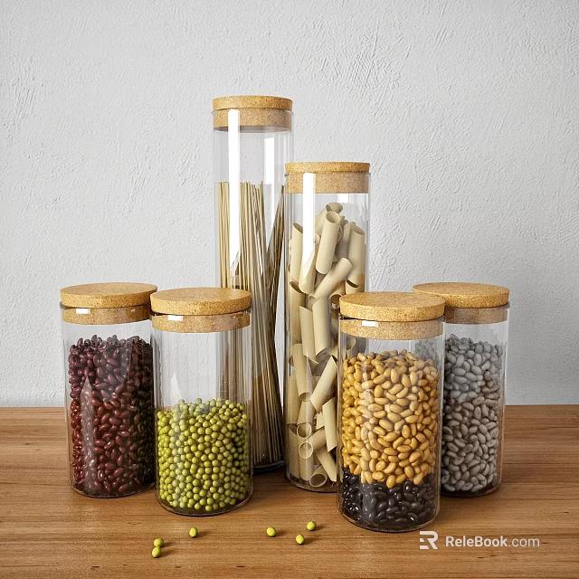 Glass Food Storage Jars with Cork Lids Containing Beans Pasta and Grains on Wooden Table 3d model 