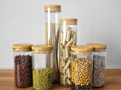 Glass Food Storage Jars with Cork Lids Containing Beans Pasta and Grains on Wooden Table 3d model