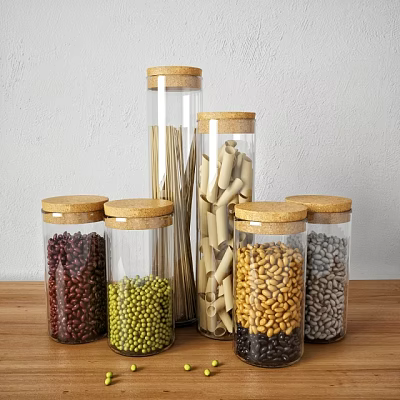 Glass Food Storage Jars with Cork Lids Containing Beans Pasta and Grains on Wooden Table 3d model