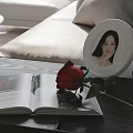 Red Rose Flower on Living Room Table Next to Open Magazine and White Photo Frame