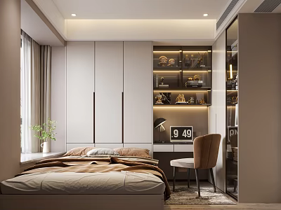 Modern Tatami Bedroom Interior With White Wardrobes Desk Chair Green Plant And Decorative Bookshelf 3d model