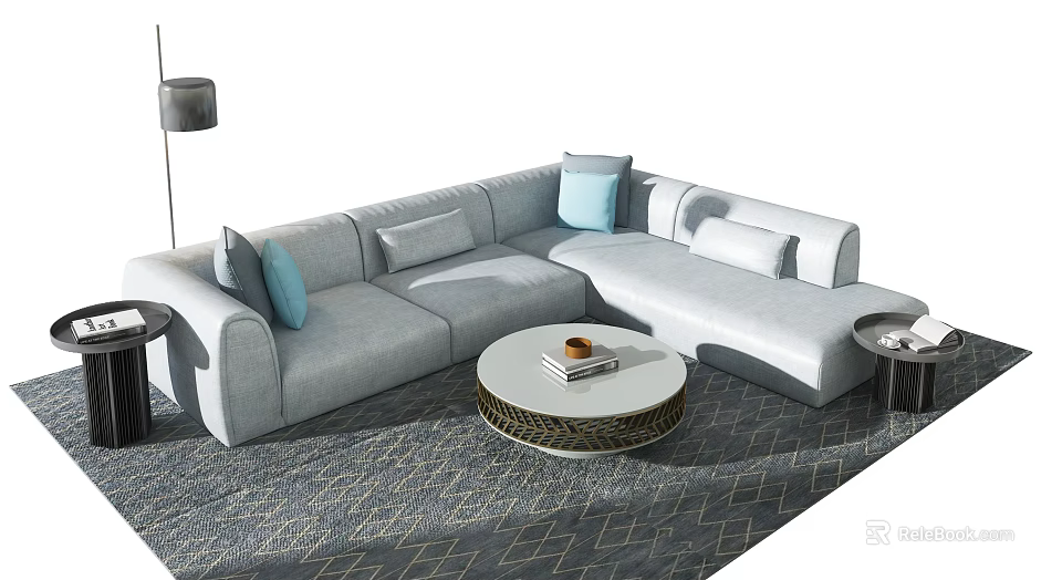 Gray Sectional Sofa with Light Blue and Gray Pillows Round Coffee Table Geometric Rug 3d model