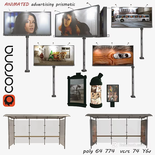 Ground Based Outdoor Advertising Billboards With Visual Displays And Bus Shelter Structures 3d model 