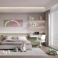 Kids Room Interior Design With Bed Study Desk Chair Toys Shelves Rug And Wall Art