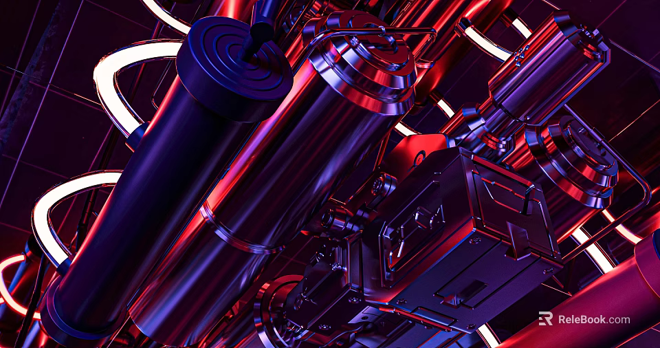 Industrial Cyberpunk Sculpture Carving with Metal Pipes Mechanical Structures Under Purple Red Blue Neon Lights 3d model 