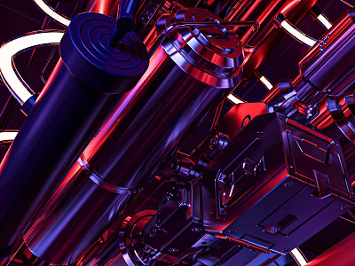 Industrial Cyberpunk Sculpture Carving with Metal Pipes Mechanical Structures Under Purple Red Blue Neon Lights 3d model