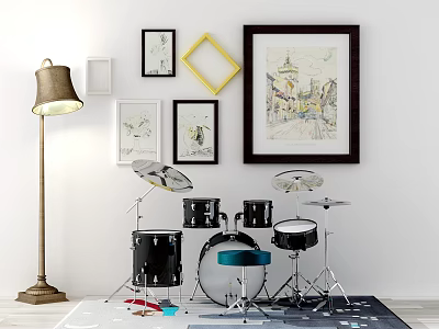Stylish Drum Set and Art Paintings in Decorative Room with Wall Frames and Lamp 3d model
