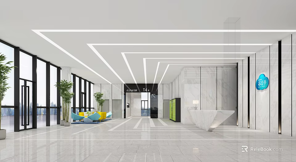 Modern Office Lobby Reception Desk With Marble Counter Glass Partitions Colorful Sofas And Green Plants 3d model 