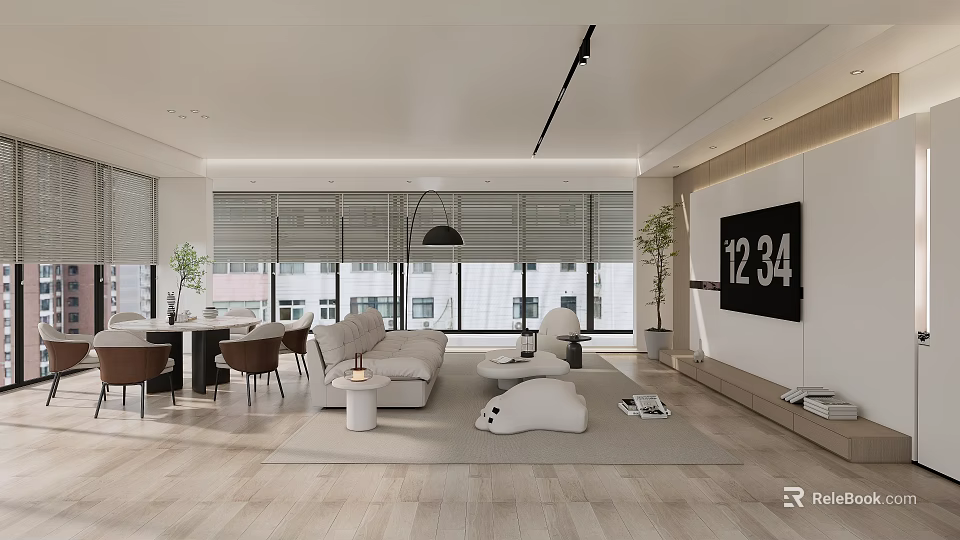 Modern Living Dining Room Interior With Sofa Coffee Table Dining Chairs Windows Blinds And TV 3d model 