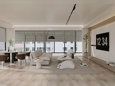 Modern Living Dining Room Interior With Sofa Coffee Table Dining Chairs Windows Blinds And TV 3d model