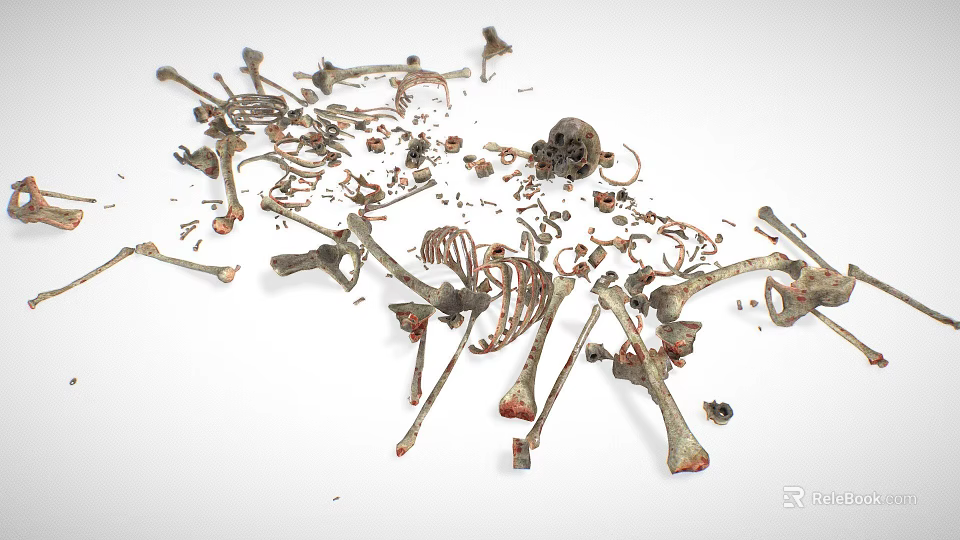 Scattered Ancient Creature Skeleton Remains With Skull Broken Bones And Fragments 3d model