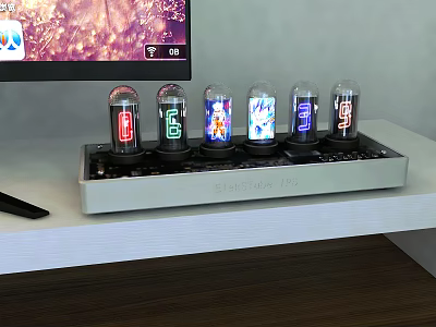 Nixie Tube Clock With Six Digital Display Tubes And Colorful Lights On Desktop 3d model