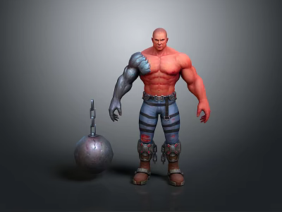 Muscular Game Character With Mechanical Arm Striped Pants And Iron Ball Weapon 3d model