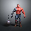 Muscular Game Character With Mechanical Arm Striped Pants And Iron Ball Weapon