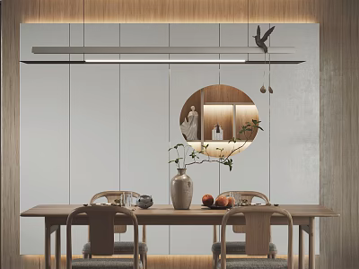 Modern Dining Room Interior Design With Linear Pendant Light Round Mirror And Wooden Dining Table 3d model