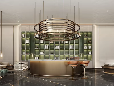 Modern Luxury Sales Office With Bar Counter Circular Pendant Light Green Bookshelves And Marble Floor 3d model