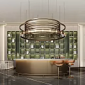 Modern Luxury Sales Office With Bar Counter Circular Pendant Light Green Bookshelves And Marble Floor
