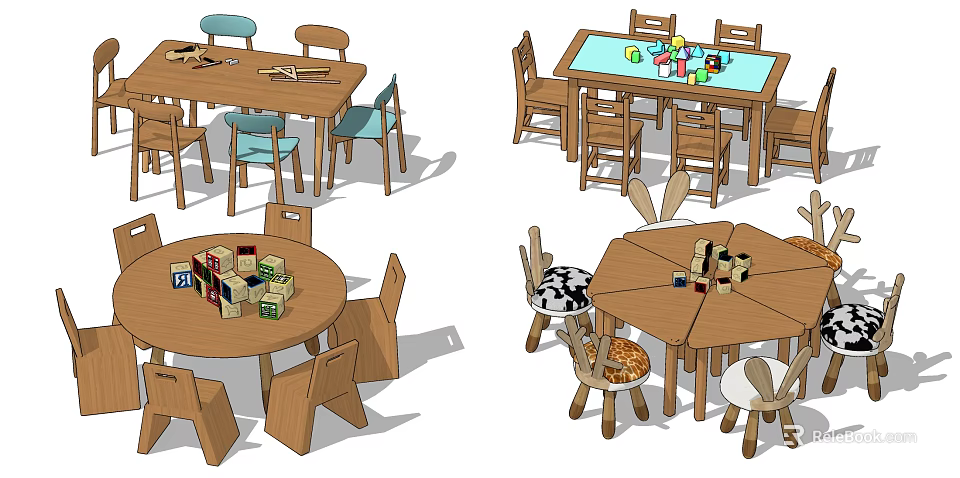 Wooden Table And Chair Sets With Various Shapes And Children's Toys On Top 3d model 