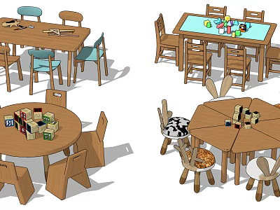 Wooden Table And Chair Sets With Various Shapes And Children's Toys On Top 3d model