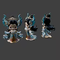 Three Chibi Style Game Movie Character Figurines with Blue Gold Feathered Wings and Ornate Costumes