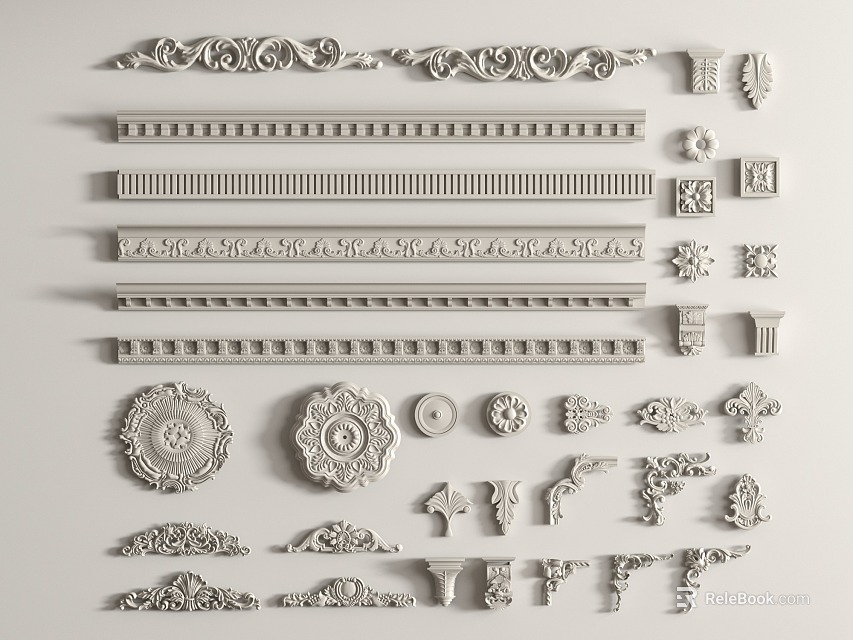 Gypsum Molding Decorative Collection Featuring Various Ornate Patterns And Architectural Elements 3d model 