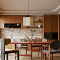 Cozy Restaurant Interior With Wooden Cabinets Stone Accent Wall Red Dining Table Colorful Chairs And Pendant Light