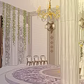Religious Worship Space With Circular Platform Sofa Columns Chandelier And Green Plants